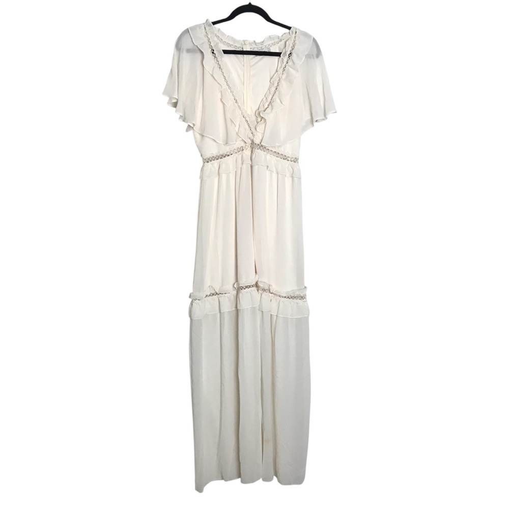 Danity Paris Ethereal Ivory Tiered Ruffled Crotchet Maxi Dress Size L Angel Boho